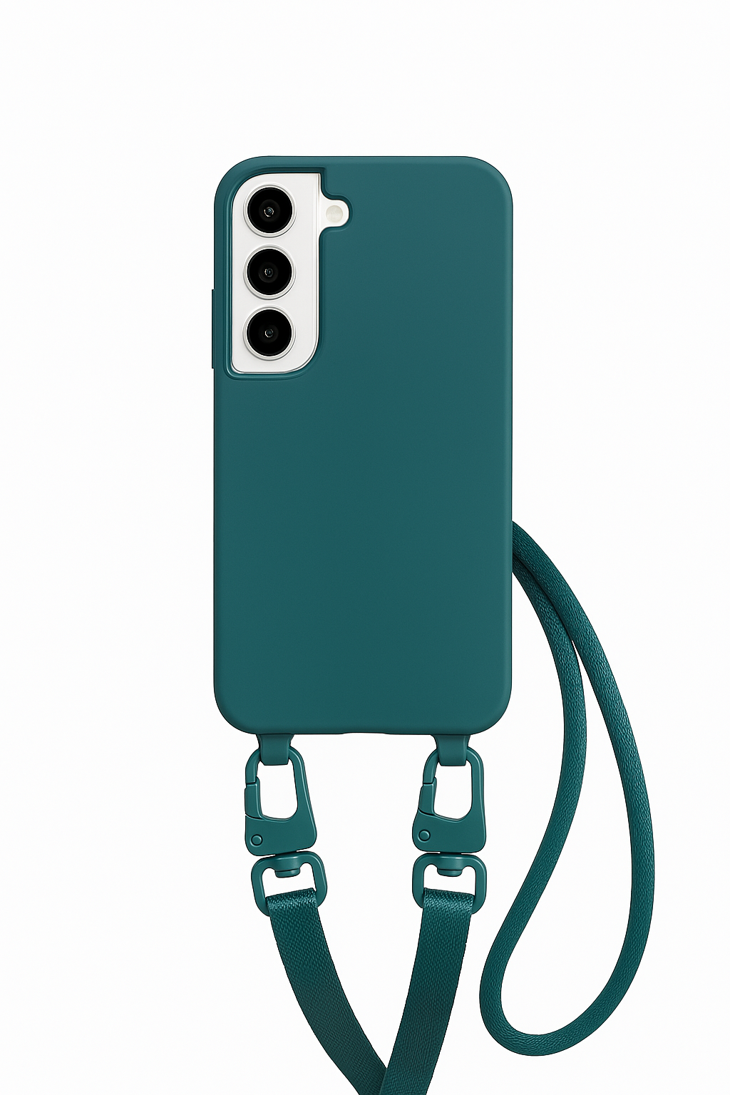 Solea - Teal-kleurig Samsung crossbody telefoonhoesje met brede draagband, gepresenteerd op witte achtergrond.